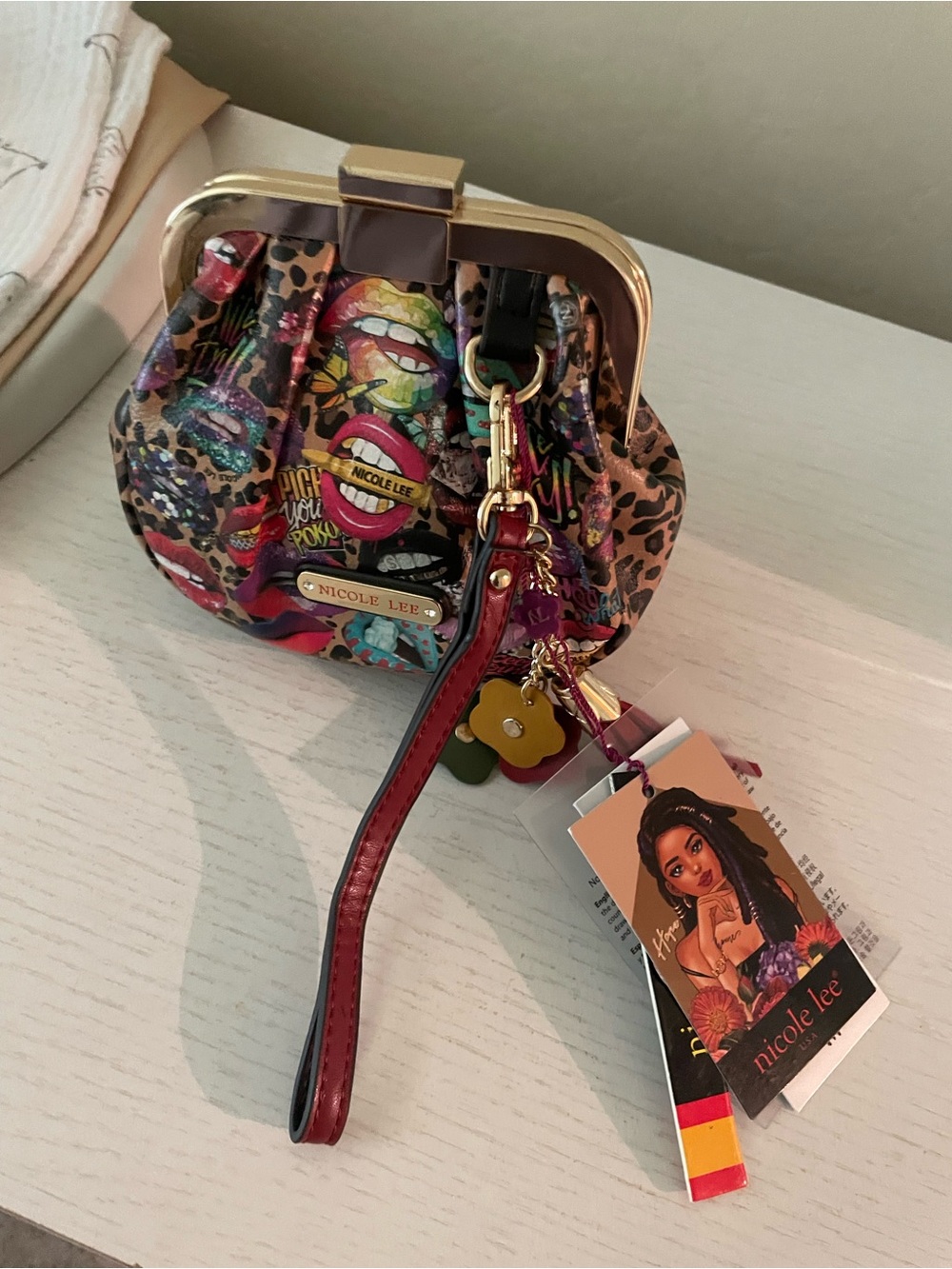 Nicole Lee Multicolor Leopard & Lip Print Wristlet Clutch